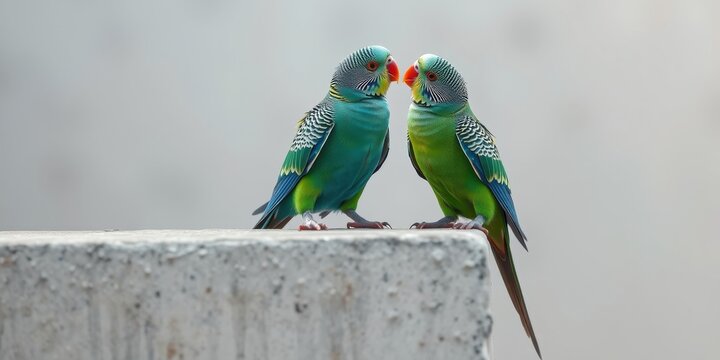 Two green and blue parakeets with red beaks perched on a concrete ledge, facing each other and appearing to be in a loving embrace