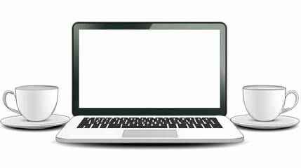 Fototapeta premium Laptop with blank screen flanked by coffee cups on a white background, ideal for website mockups