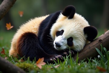Obraz premium Giant panda curled in a sleep ball, fluffy fur , bamboo, peaceful