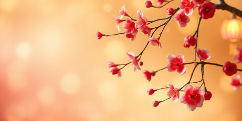 Naklejka premium Peach Blossoms in Soft Golden Light: A Festive Springtime Image