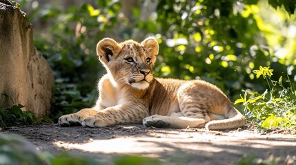 Fototapeta premium Adorable lion cub resting in dappled sunlight amidst lush greenery.