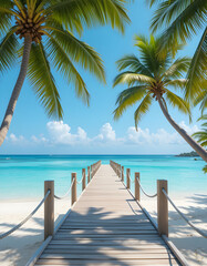 Minimalist Tropical Beach Scene with Wooden Pier and Palm Trees