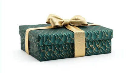 A festive green and gold gift box, featuring a perfectly tied ribbon and bow, standing alone on a white background with sharp details.