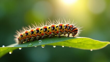 Fototapeta premium Macro photograph of a caterpillar on a green leaf with morning dew and blurred natural background.