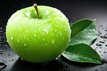 Close up of fresh apple with water drops, Glossy Red apple with drops of crystal water