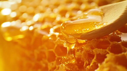 Close-up of golden honey dripping from a wooden spoon onto honeycomb.