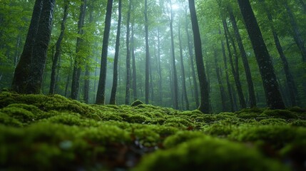 Fototapeta premium Misty forest floor with lush green moss, tall trees, foggy background.