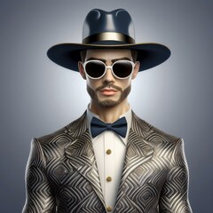Man with a hat in blue and gray shades, he has a papyon to match the hat, sunglasses and a white shirt and a gray and silver jacket, the background gives depth and drama to the image
