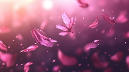 Pink flower petals falling, soft light background.