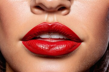 Fototapeta premium A woman with a red lip is smiling