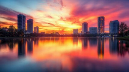Fototapeta premium Beautiful Sunset Reflection Over City Skyline and Calm Water