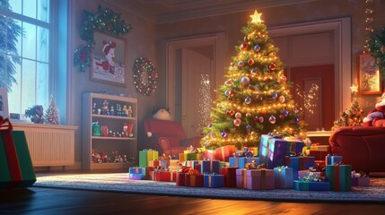 A festive living room with a Christmas tree glowing in warm lights, surrounded by a pile of colorful presents, ready for family celebrations.