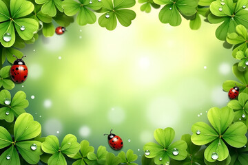Naklejka premium A fresh spring frame featuring clovers, ladybugs, and dewdrops, giving it a lively and cheerful appearance