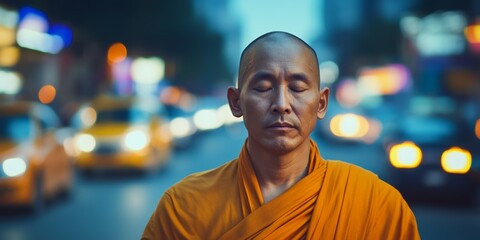 Obraz premium Monk Meditating on Busy Urban Street Serenity Amidst City Lights