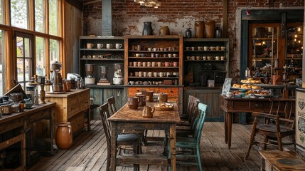 Obraz premium Cozy Vintage Cafe Interior with Wooden Furniture and Rustic Decor