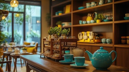 Fototapeta premium Cozy Tea Room with Colorful Decor and Decorative Houseplants