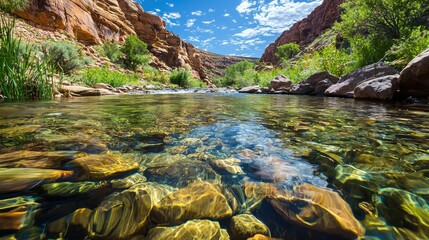 Naklejka premium Clear Mountain Stream with Colorful Rocks Under Bright Blue Sky