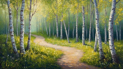 Obraz premium Serene birch forest path, sunlight through leaves, winding road.