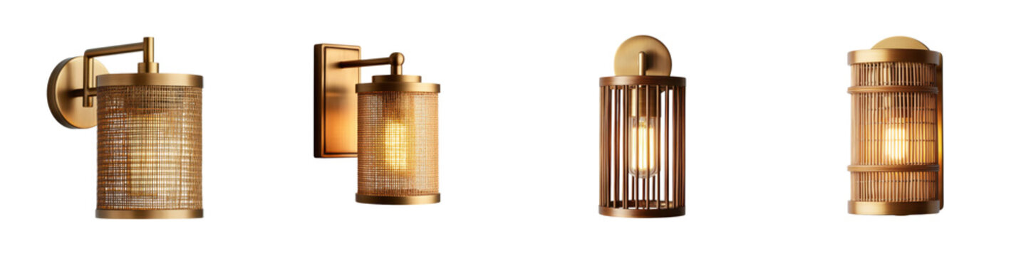 Sleek and sophisticated gold metal wall sconces casting a warm radiant glow in a modern minimalist interior design setting  The stylish lighting fixtures create an elegant