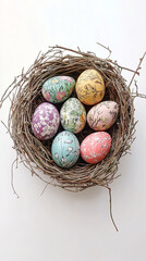 Obraz premium colorful easter eggs in a nest on a white background