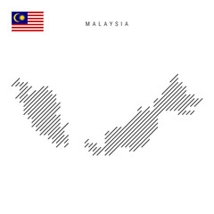 Malaysia map from pattern of black slanted parallel lines. Malaysian map with gray diagonal lines. Silhouette of a country made of oblique hatching. Vector illustration isolated on white.