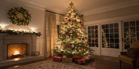 A beautifully decorated Christmas tree with a mix of traditional and modern ornaments in a beautifully lit room, home interior, Christmas tree, winter wonderland