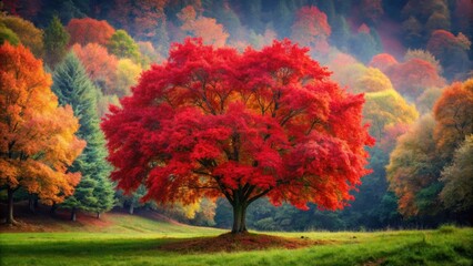 Obraz premium A majestic red tree with a heart-shaped trunk in the forest landscape, surrounded by greenery and vibrant autumn colors
