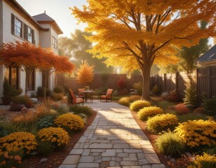 Obraz premium A beautifully decorated backyard with warm golden light and vibrant fall foliage during autumn, golden light, outdoor furniture