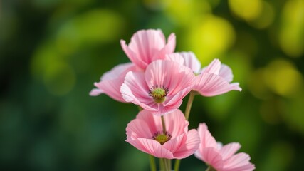 A soft, delicate cluster of pale pink wildflowers, a symphony of nature's artistry, bathed in gentle sunlight against a backdrop of lush greenery.