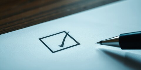 A pen resting on a sheet of paper with a check mark in a box, symbolizing completion and affirmation.