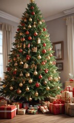A large Christmas tree with a pile of presents under it, presents under the tree, holiday cheer