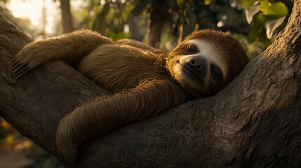 Fototapeta premium Sleepy sloth resting on a tree branch in sunlight.