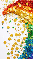 rainbow confetti and gold coins scattered on white background  stock photo