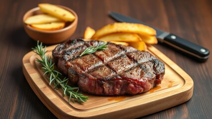 A juicy ribeye steak placed on a wooden serving platter with a fragrant sprig of rosemary nestled beside it and a stack of roasted potato wedges, comfort food, roast potatoes