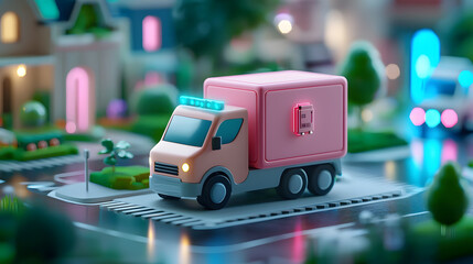 vibrant cityscape featuring colorful delivery truck navigating through miniature neighborhood. scene is lively, showcasing detailed buildings and greenery