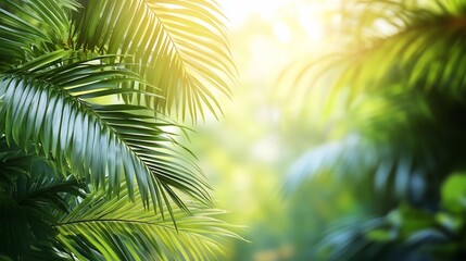 Fototapeta premium Lush green palm leaves backlit by sunlight, creating a vibrant tropical scene.