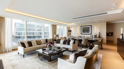 Fototapeta premium Luxurious modern apartment living room with large windows, beige furniture, and dining area.
