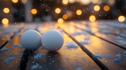 Two white speckled ornaments on snowy wooden surface with bokeh lights.