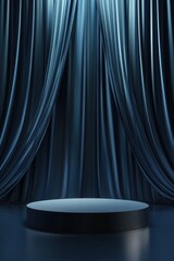 Elegant blue podium with curtain creates a sophisticated backdrop for product presentation featuring soft lighting and ample space for text in 8K resolution