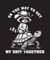Raccoon in a Cowboy Hat Riding a Turtle: Humorous Graphic Design