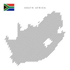 South Africa map from pattern of black slanted parallel lines. RSA map with gray diagonal lines. Silhouette of a country made of oblique hatching. Vector illustration isolated on white.
