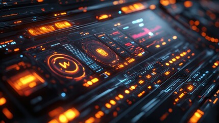 Obraz premium Futuristic Technology Interface: A Close-Up of a Sleek, High-Tech Control Panel Glowing with Orange and Blue Hues