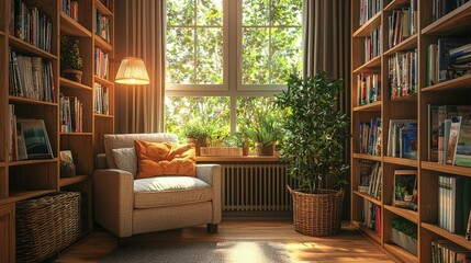 Cozy Reading Nook with Bookshelves and Sunlight Streaming In