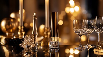 Fototapeta premium Elegant glassware, candles, and decorative objects on a reflective surface.
