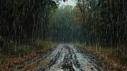 Obraz premium Rainy day on a muddy road through a forest.