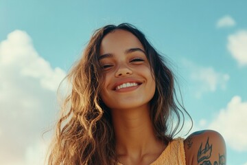 Commercial ad idea. Long trim - beach waves hair. Pretty happy mixed-race girl - for ads, brochure and social apps use. Colored hair advertising. Colored hair glamour inspiration.