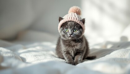 Adorable Gray Kitten in a Knit Hat: A Cozy Winter Portrait