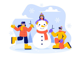 Vector Illustration of People Having Fun Outdoors Building a Snowman During Winter Activities in a Flat Style Cartoon Background