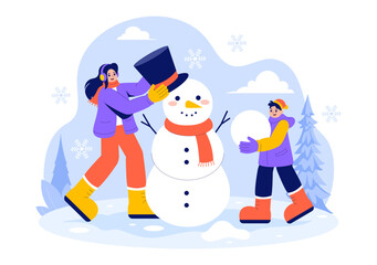 Vector Illustration of People Having Fun Outdoors Building a Snowman During Winter Activities in a Flat Style Cartoon Background