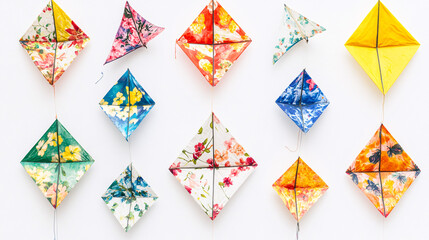 colorful hanging paper kites against a white background